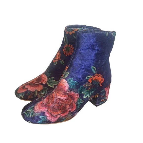 Floral Velveteen Fabric Booties Navy/Pink Women's Sz 37/6.5 Boho 60's Hippie - Picture 2 of 9